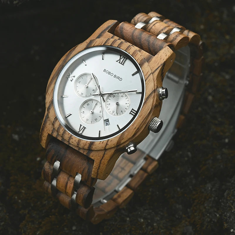 Custom Wood Watch BOBOBIRD Personalized Name Brand BOBOBIRD Chronograph Military Quartz Wristwatch With Wooden Box Dropshipping