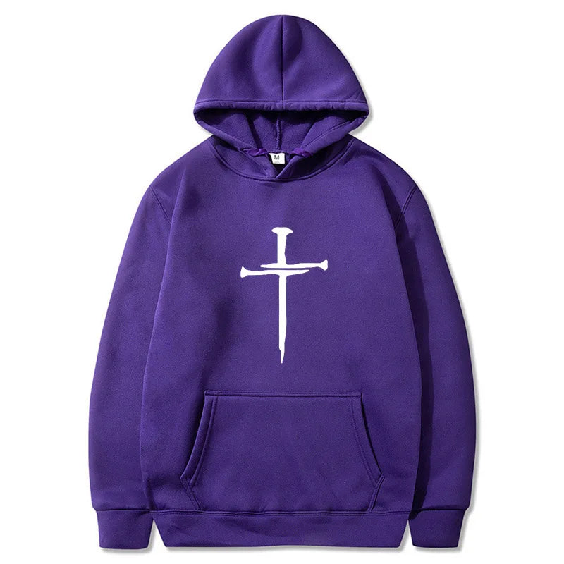 Herr-huvtröja med korsgrafik – Svart ledig tröja med religiöst tryck, moderiktigt streetwear för höst/vinter