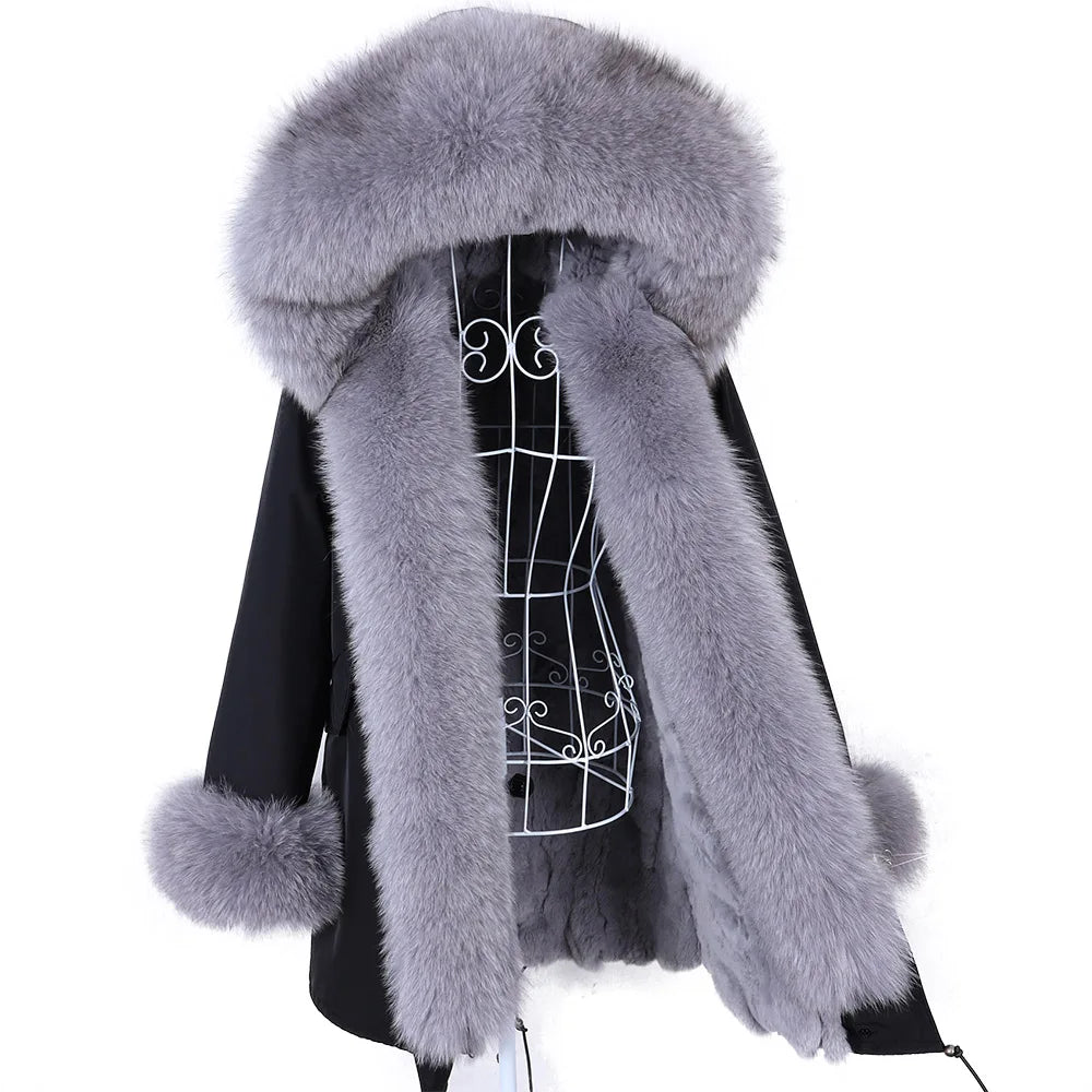 MAOMAOKONG 2026 Removable Real Fox Fur Collar Coats Woman Winter Jacket Hooded Rabbit Fur Lining Long Parkas Female Clothes