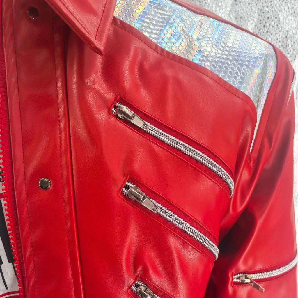 Men's Red PU Leather Jacket with Zipper and Turtleneck Collar