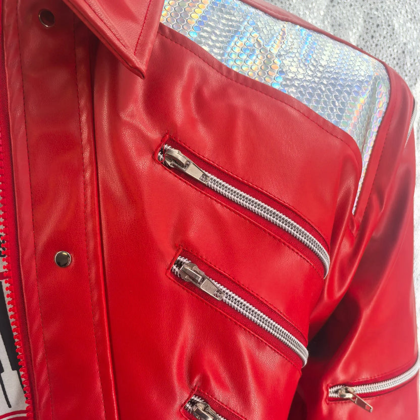 Men's Red PU Leather Jacket with Zipper and Turtleneck Collar