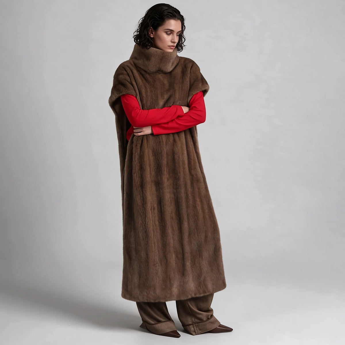 Women's Brown Faux Fur Sleeveless Turtleneck Cape with Pockets