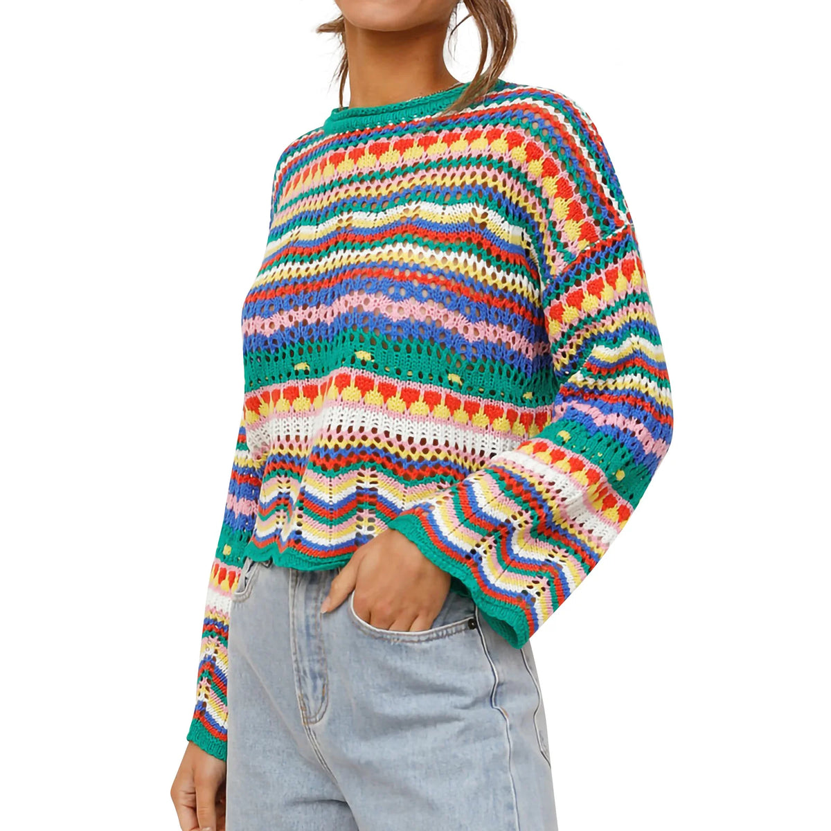 Meihuida Women's Loose Fit Sweater with Hollow Variegated Color and Long Flared
