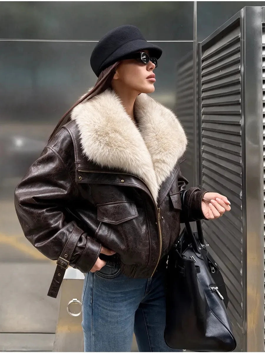 Chaqueta bomber corta de cuero envejecido con cuello de piel sintética para mujer