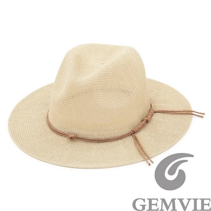GEMVIE New Summer Hat Panama Hats Hollow Out Straw Hat for Men Women Leather Ribbon Large Brim Sun Beach Hat Jazz Cap Fedora