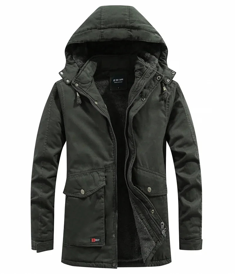 Męska kurtka parka w stylu militarnym, wiatroszczelna z kapturem, z bawełny typu washed, ocieplana grubym polarem, ciepła kurtka zimowa typu varsity w stylu casual, nowość