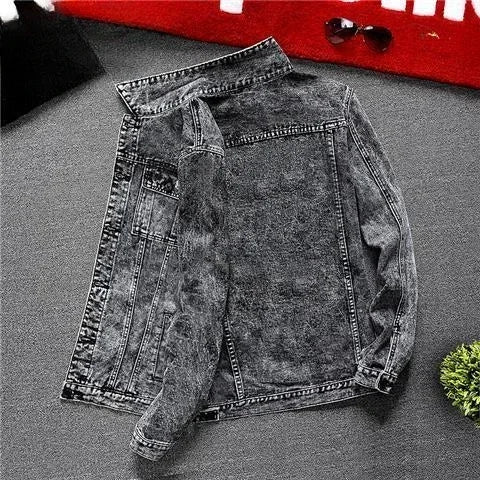 Jeans Coat for Men Hip Hop With Print Ripped Button Black Hole Denim Jackets Man Size L Large Lxury Worn Cowgirl Fast Delvery G