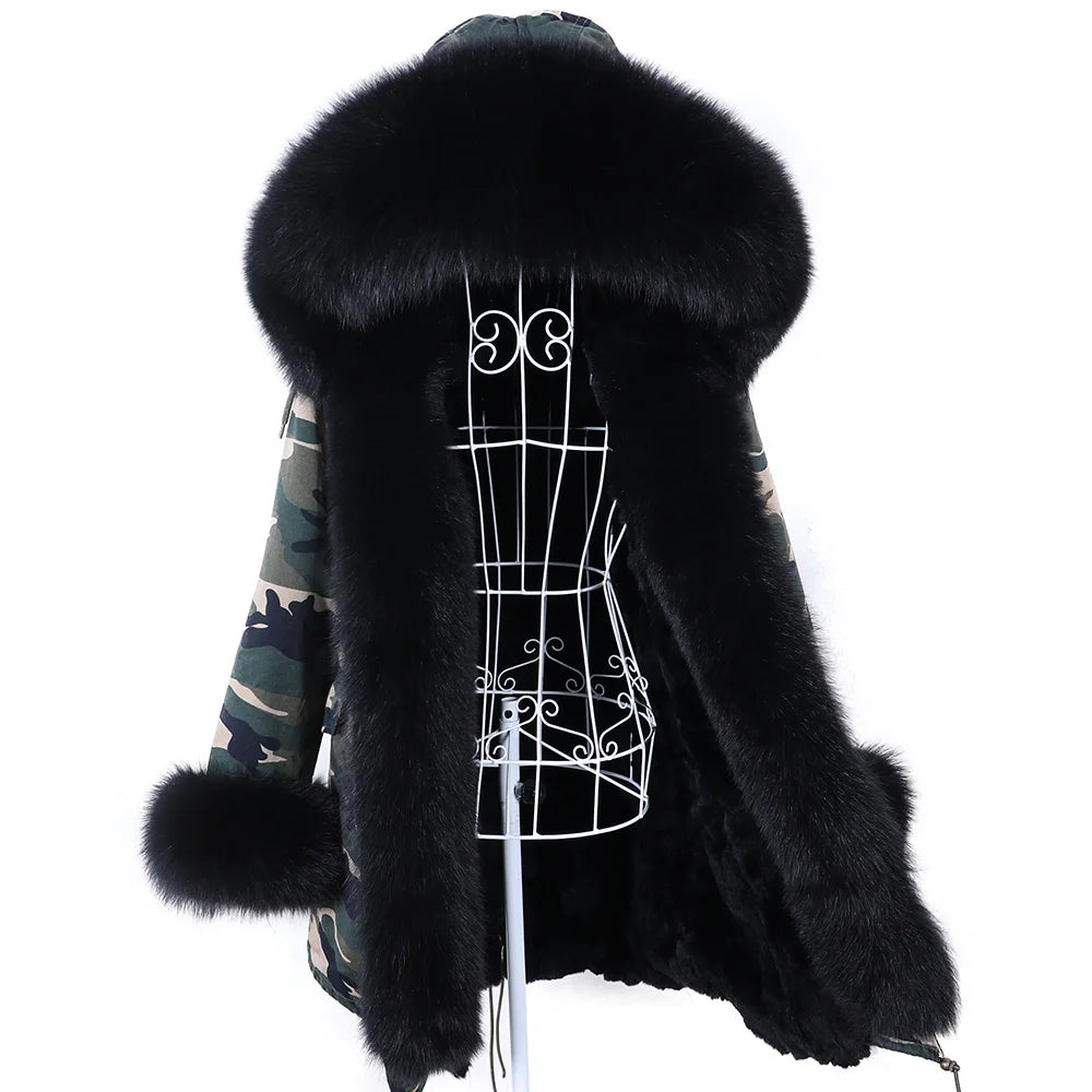 MAOMAOKONG 2026 Removable Real Fox Fur Collar Coats Woman Winter Jacket Hooded Rabbit Fur Lining Long Parkas Female Clothes