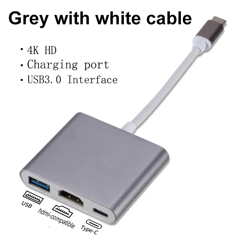 3-in-1 USB-C Hub with HDMI 4K, USB 3.0, and Charging Port