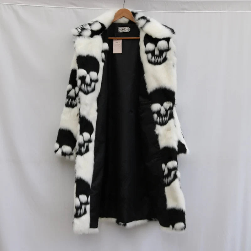 Abrigo largo de piel sintética de visón con cuello de traje para hombre, gabardina con botones, tendencia de personalidad europea y americana con calavera