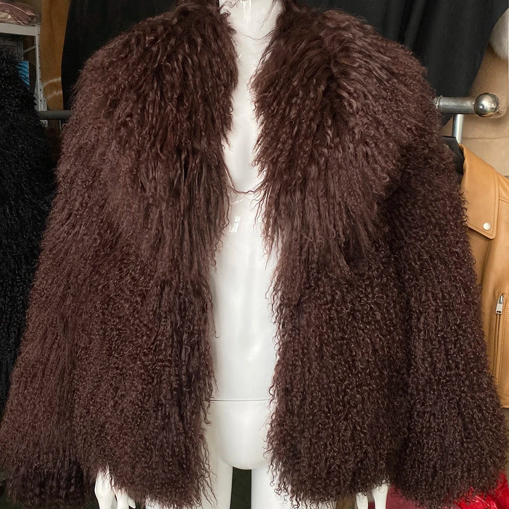 YOLOAgain Women's Real Mongolia Sheep Fur Jacket Dark Brown Sheep Fur Jacket