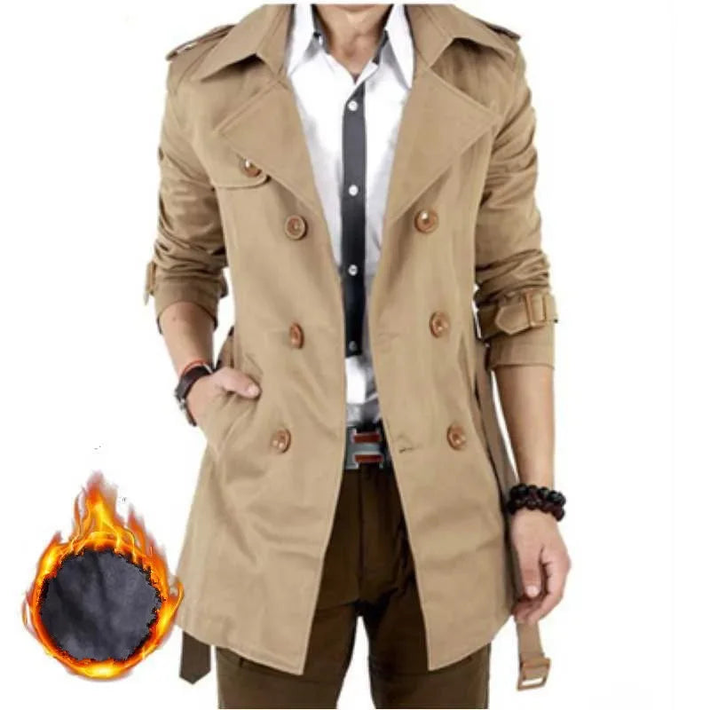 Chaqueta cortavientos para hombre estilo vintage, negro caqui, primavera otoño, gabardina de negocios, abrigo largo clásico retro de doble botonadura, grueso
