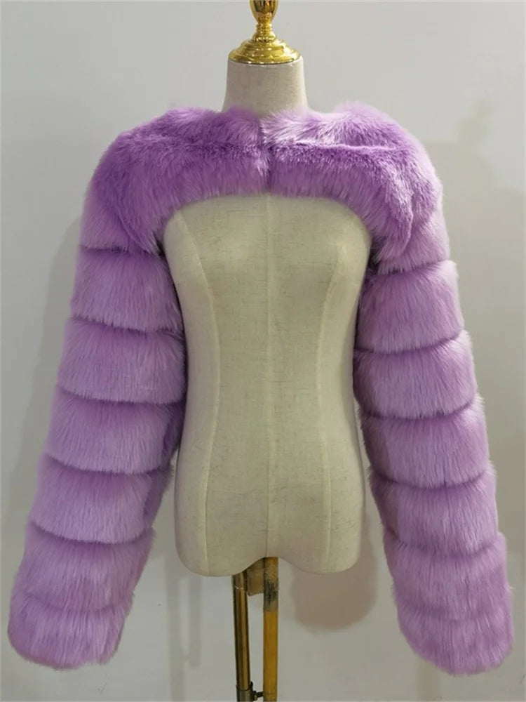 Winter Warm Clothes 2022 Pink Black Faux Fur Coats Women Long Sleeve Crop Top Gray White Faux Fur Jackets for Women Wholesale