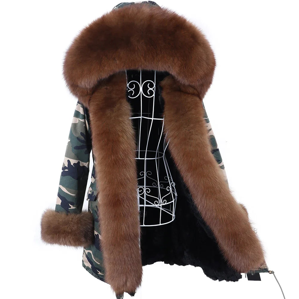 MAOMAOKONG 2026 Removable Real Fox Fur Collar Coats Woman Winter Jacket Hooded Rabbit Fur Lining Long Parkas Female Clothes