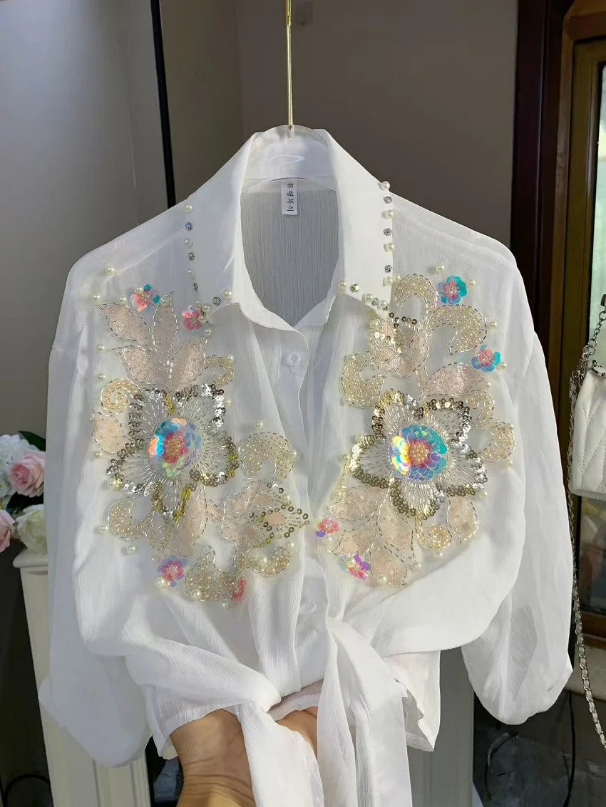 Sparkle Sequines Embroidery Blouses Shirts for Women Cardigans Spring Summer Sunscreen Top Korean Popular Clothes