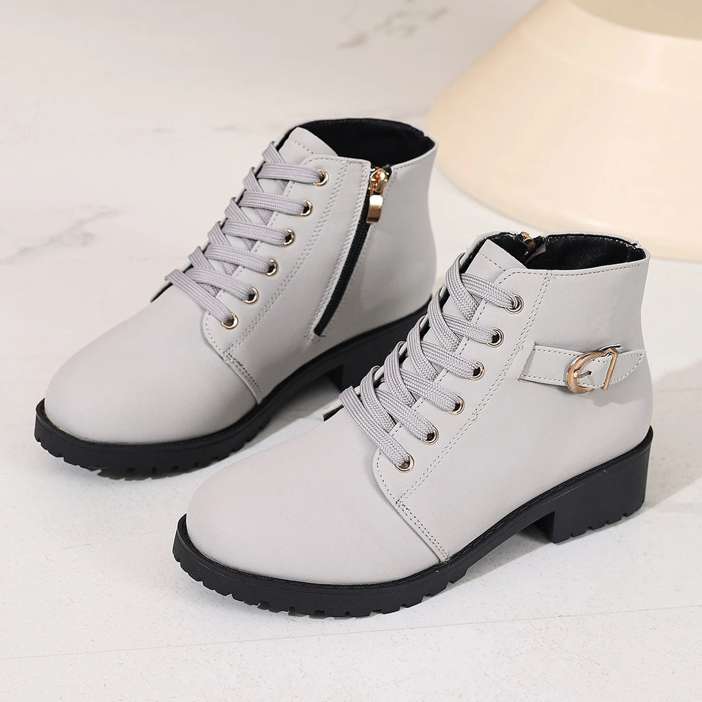 Women's Chunky Heel Ankle Boots with Side Zipper and Buckle