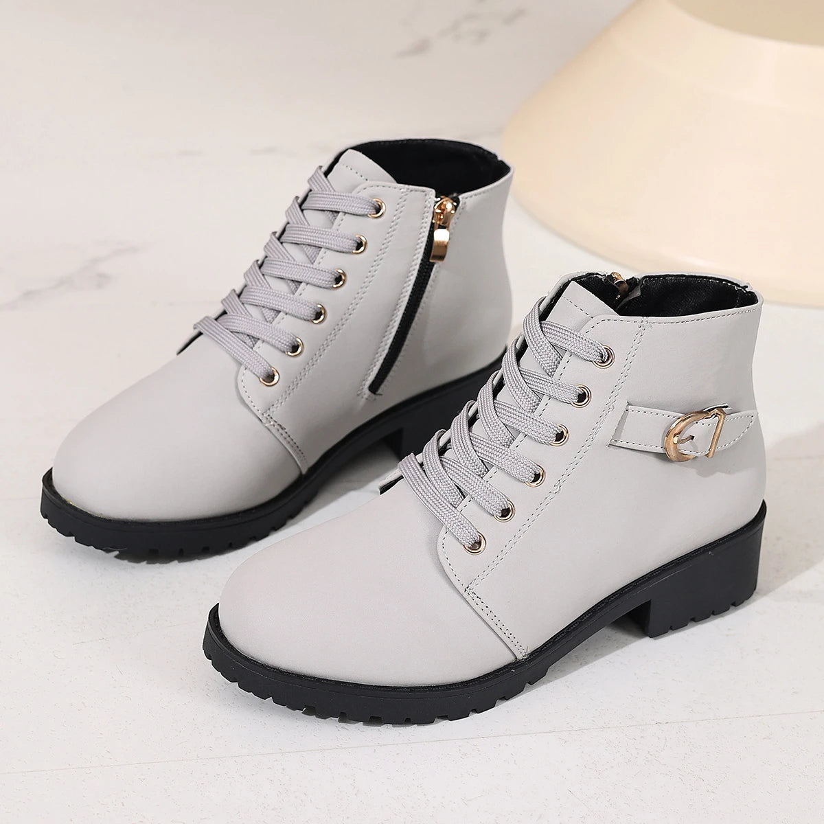 Women's Chunky Heel Ankle Boots with Side Zipper and Buckle