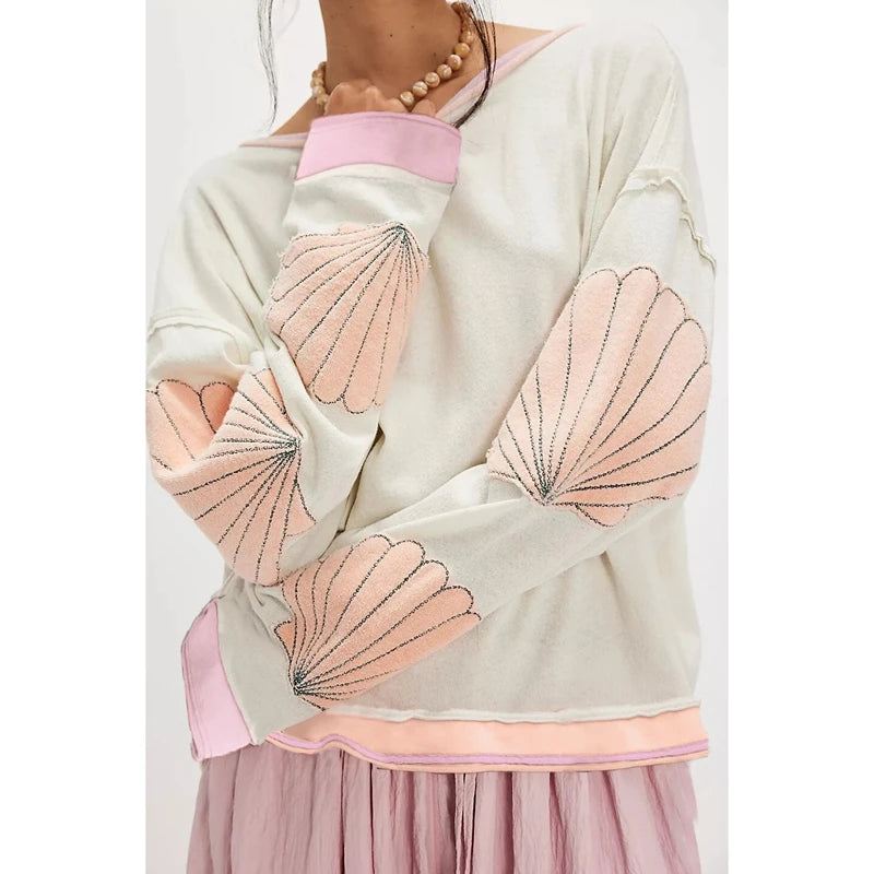 Combhasaki Women Cute Floral Embroidery Sweatshirt Teen Girls Y2K Colorful Layered Hem Oversized Loose Fit Preppy Pullover Tops