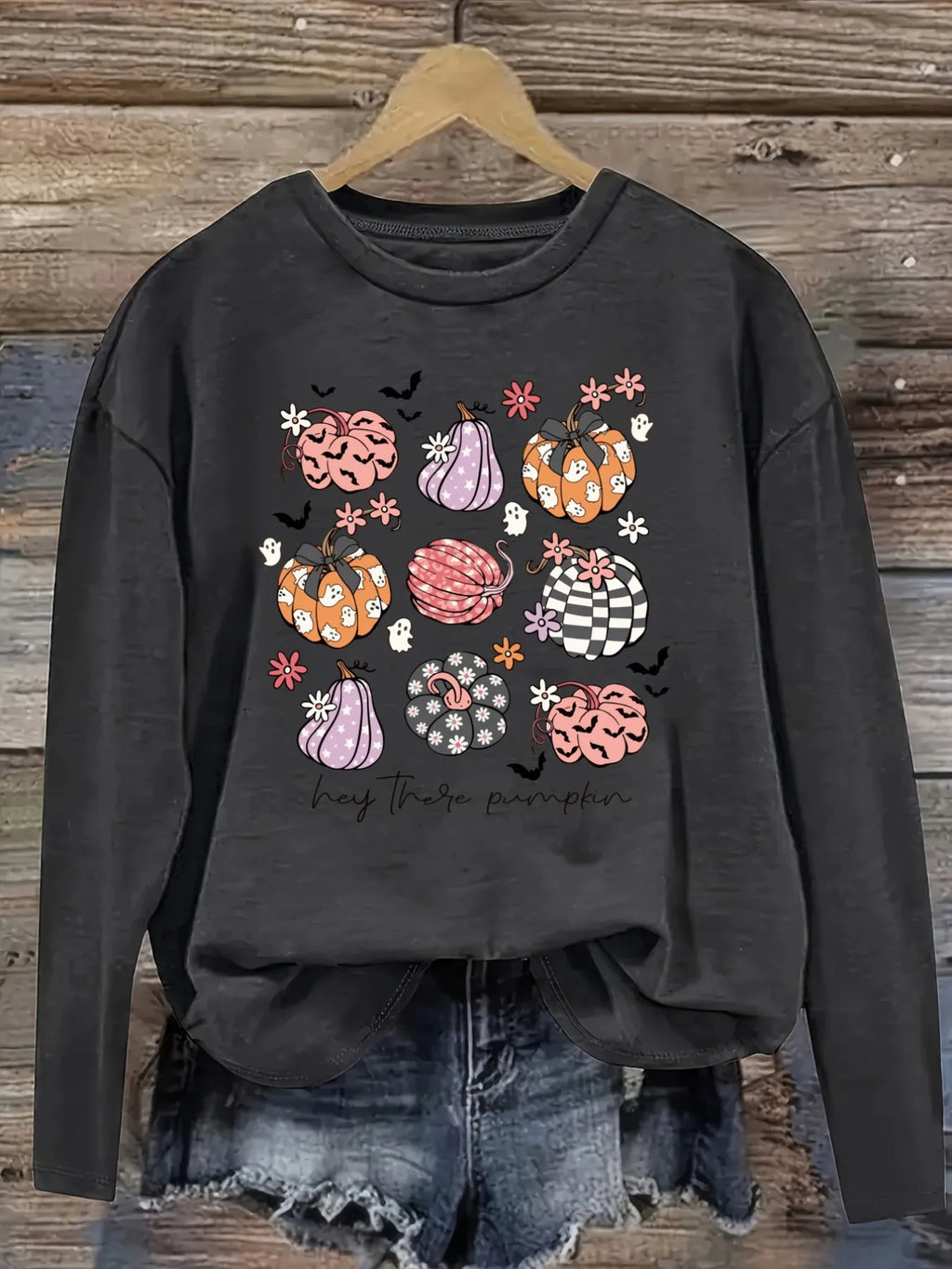 Women's Casual Long Sleeve Crew Neck T-Shirt Hey There Pumpkin Print Design Design, Round Neck Women's Clothing, Machine Washable, Slightly Elastic, Loose Fit, Spring Autumn Winter Women's T-Shirt, Halloween Costume Outfit