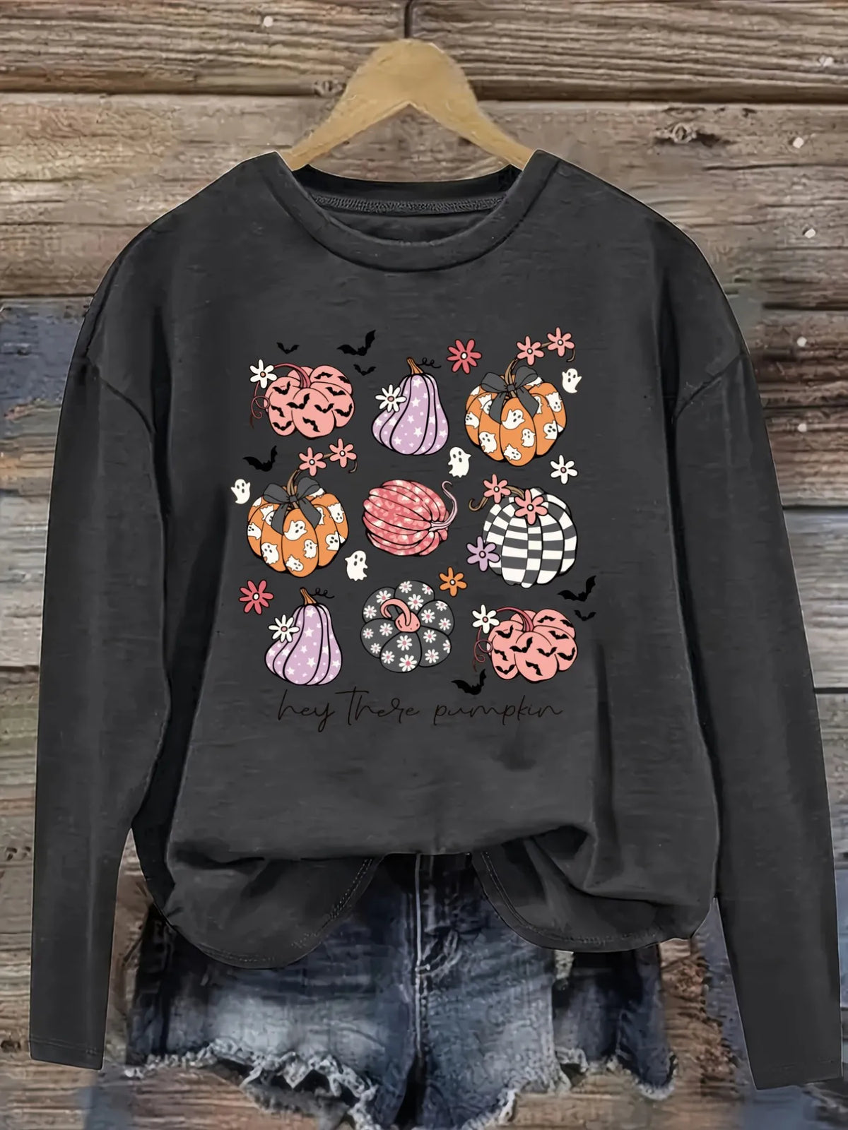 Women's Casual Long Sleeve Crew Neck T-Shirt Hey There Pumpkin Print Design Design, Round Neck Women's Clothing, Machine Washable, Slightly Elastic, Loose Fit, Spring Autumn Winter Women's T-Shirt, Halloween Costume Outfit