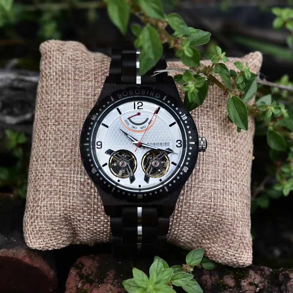 Relojes mecánicos de madera para hombre BOBO BIRD, movimiento de doble tourbillon, relojes de pulsera automáticos de lujo para negocios, personalizados