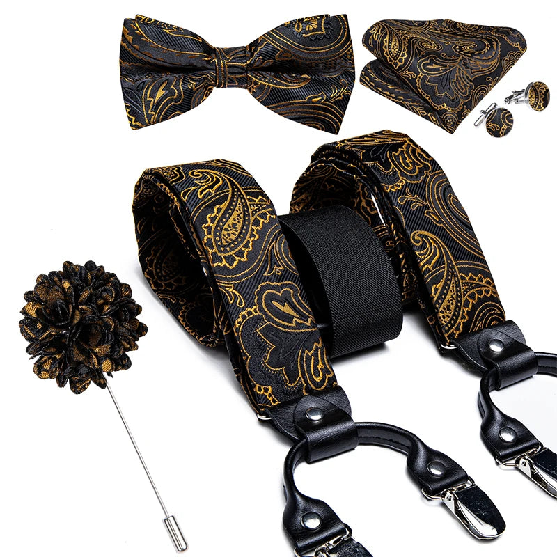 Luxury White Men's Suspenders Adjustable 6 Clips Braces DiBanGu Leather Metal Pre-Tied Bow Tie Brooch Pocket Square Set