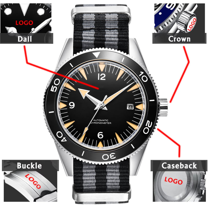 Męski zegarek 41 mm z własnym logo, luksusowy zegarek biznesowy z mechanizmem automatycznym NH35, szafirowe szkło, datownik, zegarek nurkowy