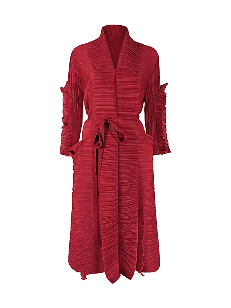 Miyake Pleated Petal Sleeve Dress Lapel Cardigan Sashes High Fashion Loose Long Dresses Fall 2022 Winter Women Designer Clothes