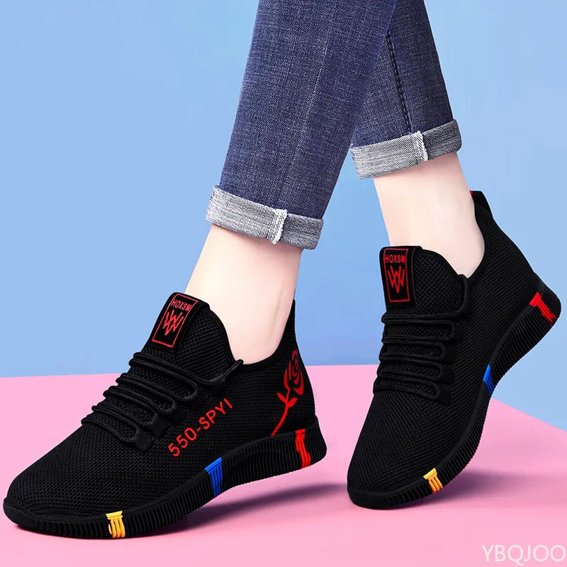 Large Size Autumn Fashion Breathable Lightweight Comfortable Women's Shoes Versatile Flat Bottomed Mesh Women's Sports Shoes