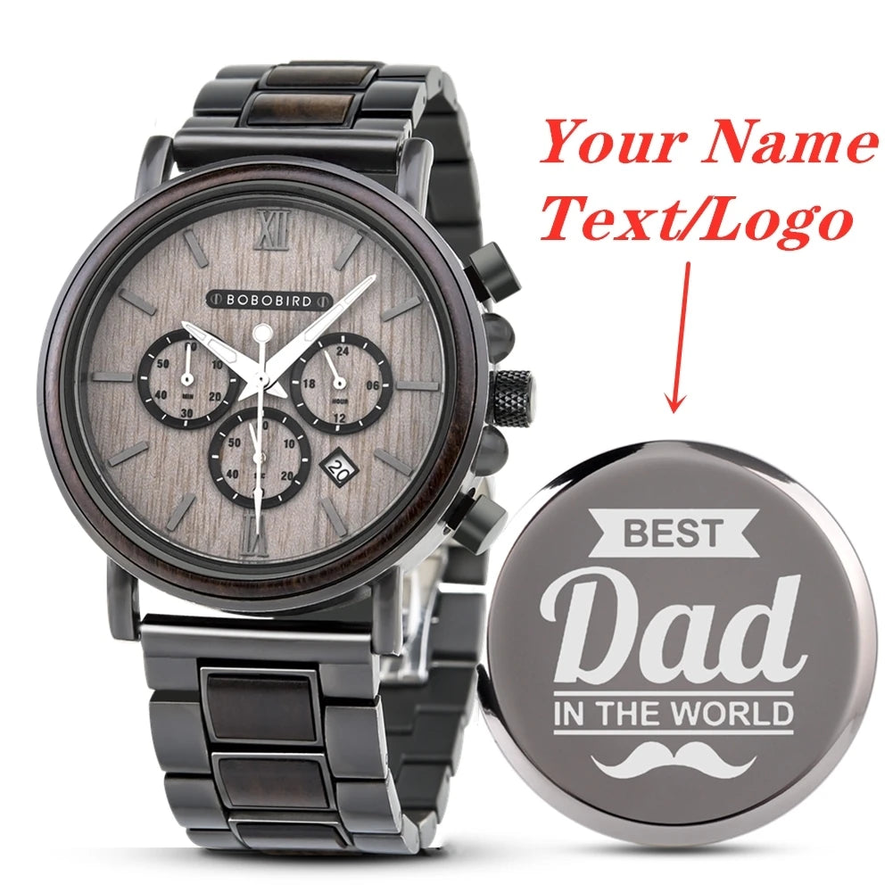 Engraved Wooden Watch Father's Day Custom Your Logo BOBOBIRD Quartz Wristwatch Men Boyfriend Birthday Groomsmen Anniversary Gift