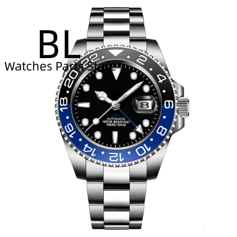 BLIGER 40mm Customizable Logo Blue GMT Watch for Men Black White Dial Green Luminous Sapphire Glass Waterproof Reloj Hombre Date