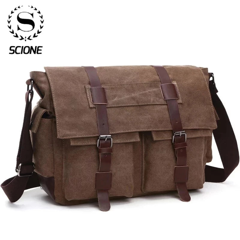 Scione Men Business Messenger Bags for Men Shoulder Bag Canvas Crossbody Pack Retro Casual Office Travel Bag Vintage Retro Bags