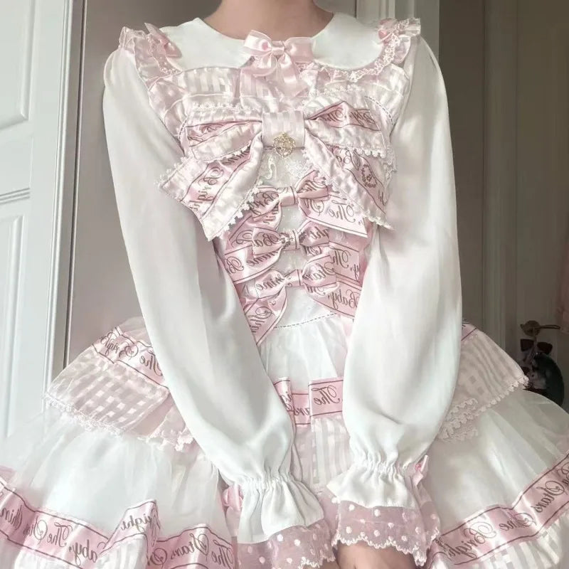 Blusa estilo Sweet Lolita japonés de poliéster para mujer con cuello de encaje y lazo