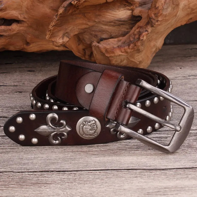 High Quality Metal Rivet Cowboy Belt Top Grain Genuine Leather Cowskin Men Belt Punk Rivet Jeans Belts for Men