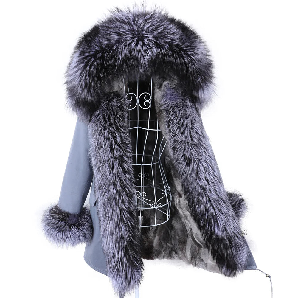 MAOMAOKONG 2026 Removable Real Fox Fur Collar Coats Woman Winter Jacket Hooded Rabbit Fur Lining Long Parkas Female Clothes