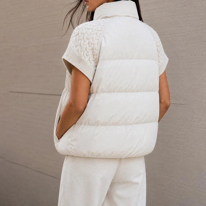 Women's Knitted Splicing Padded Sleeveless Vest with Stand Collar