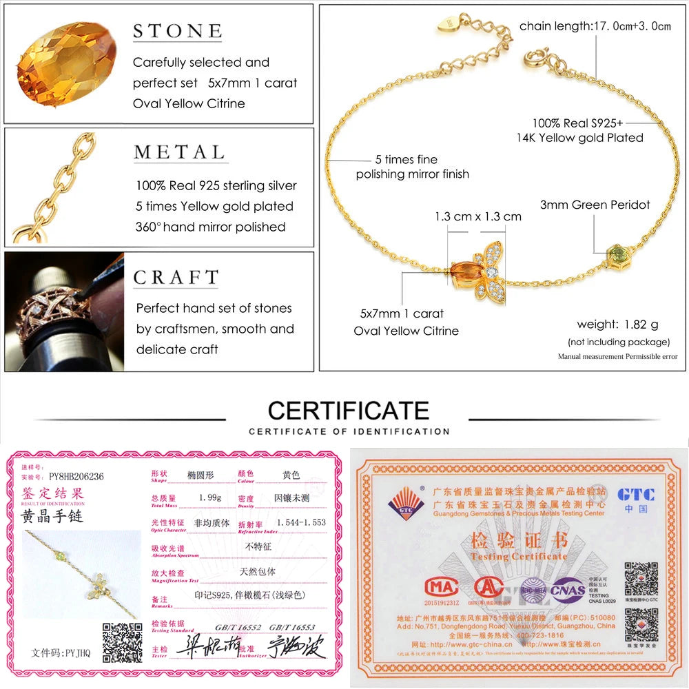LAMOON Bee Bracelet for Woman Citrine Gemstones Bracelets 925 Sterling Silve 14K Gold Plated Designer Jewelry for Lover LMHI002