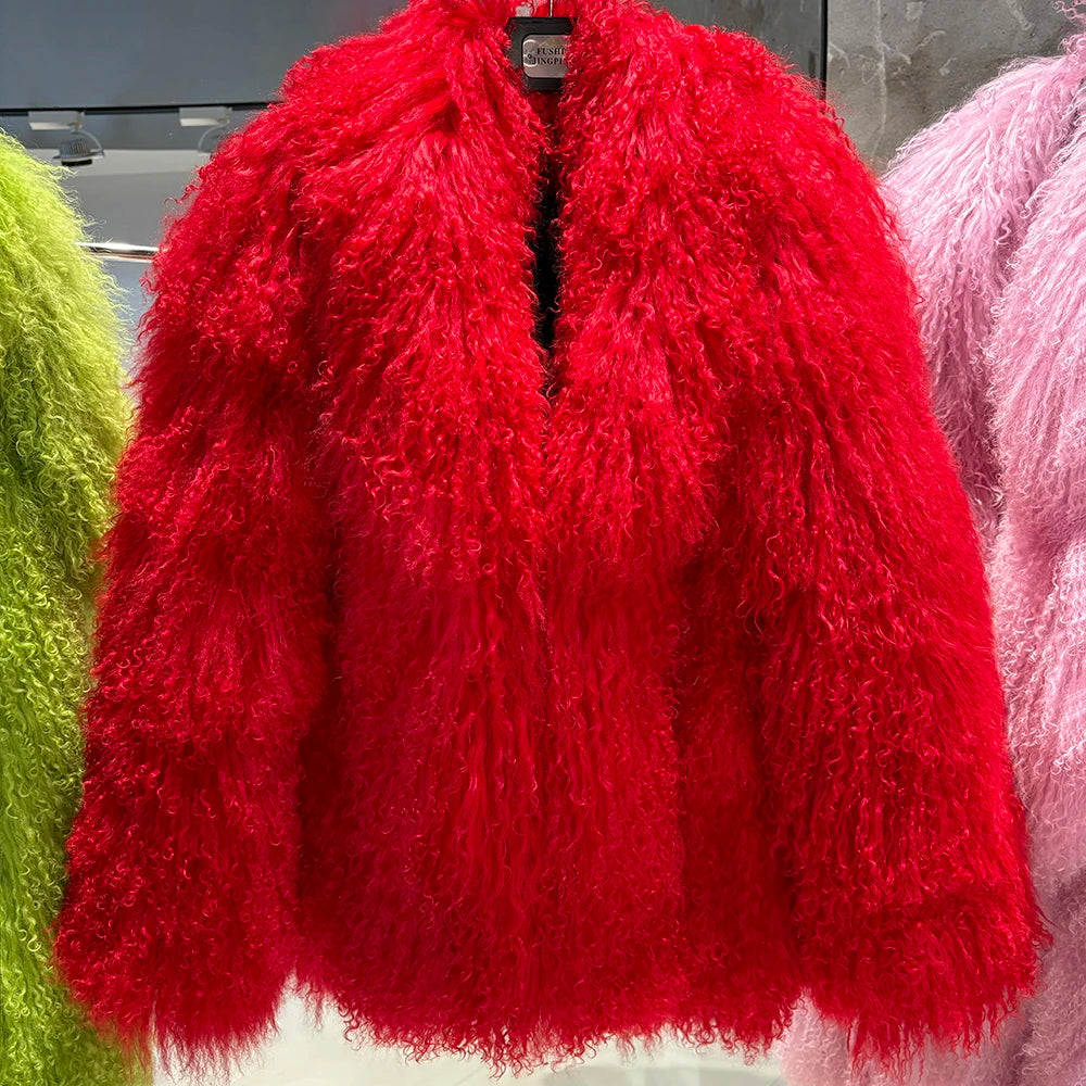 YOLOAgain Women's Real Mongolia Sheep Fur Jacket Dark Brown Sheep Fur Jacket