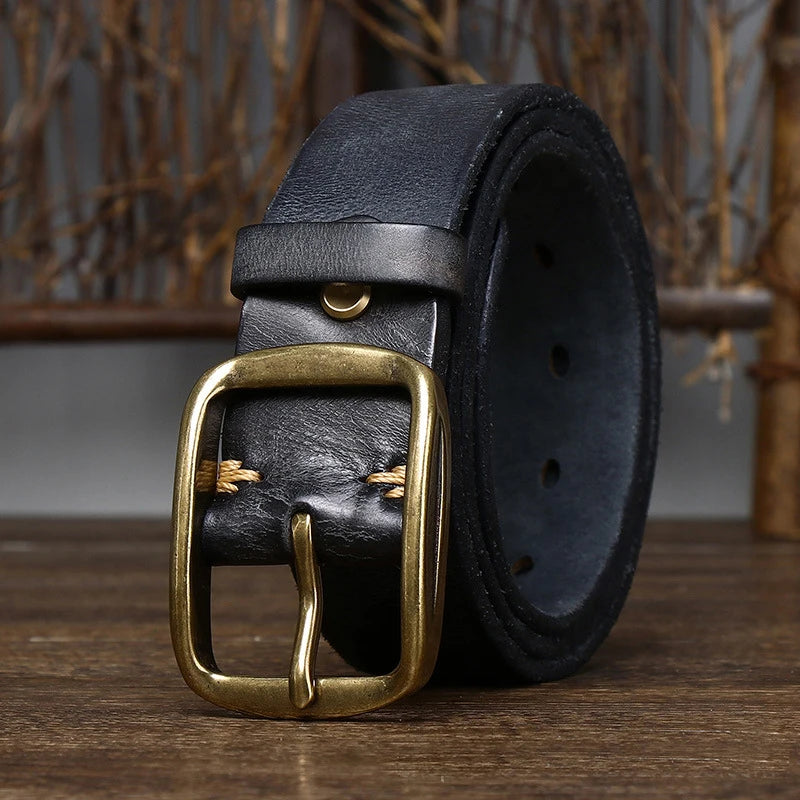 Cinturón de cuero vacuno auténtico de 3,8 cm de grosor con hebilla de cobre para hombre, estilo casual, retro, de alta calidad y lujo.