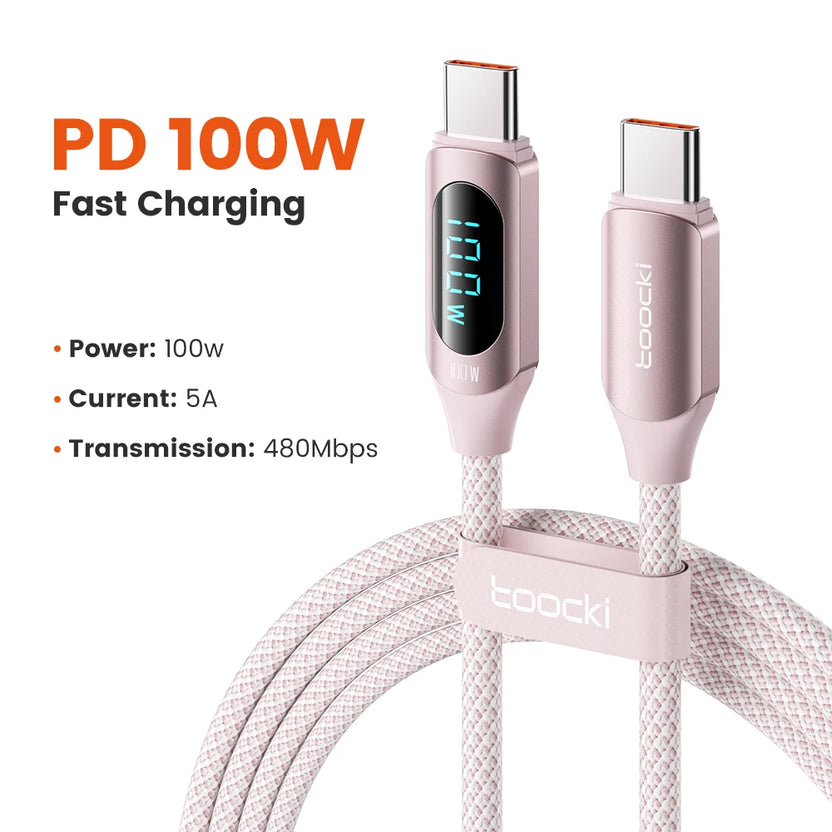 Kabel szybkiego ładowania Toocki 100W USB-C na USB-C PD z wyświetlaczem
