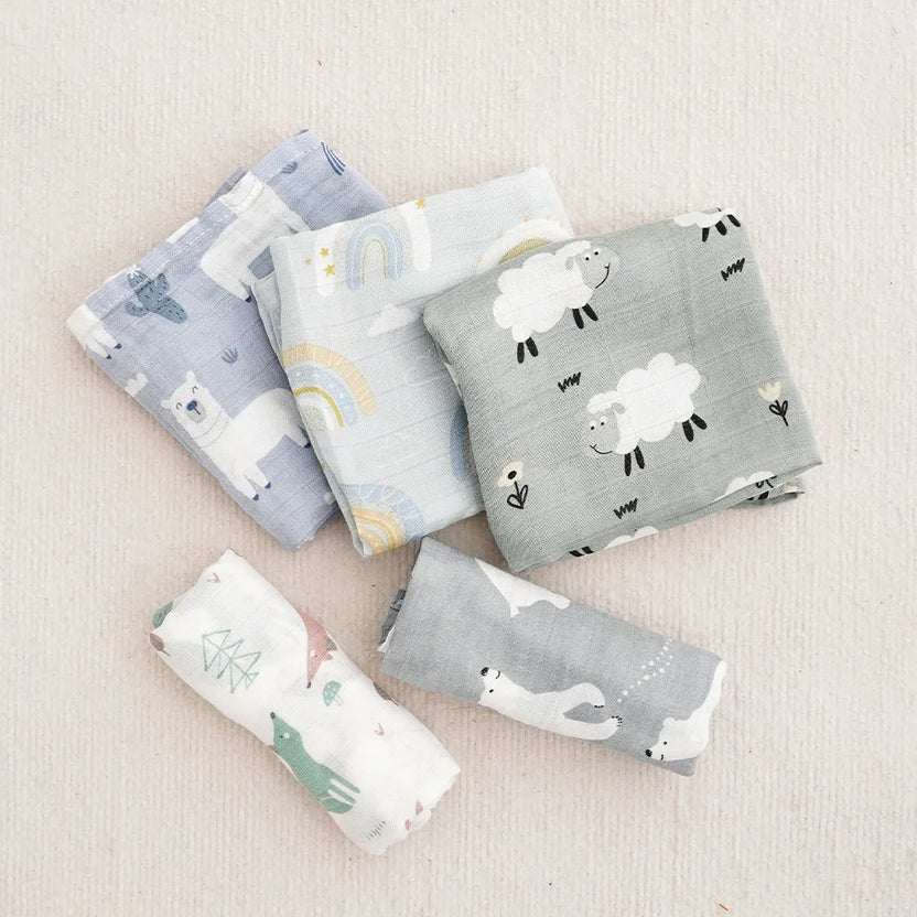 Kangobaby #My Soft Life# New 5pcs Pack Multi-Functional Bamboo Cotton Newborn Muslin Bib Antibacterial Baby Burp Cloth Set