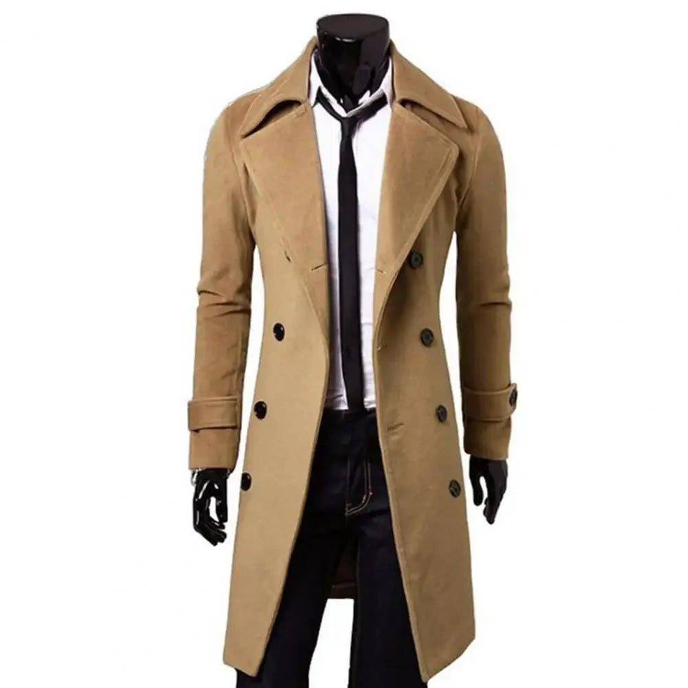 Simple Trench Coat  Double-Breasted Male Men Coat  Coldproof Pure Color Jacket