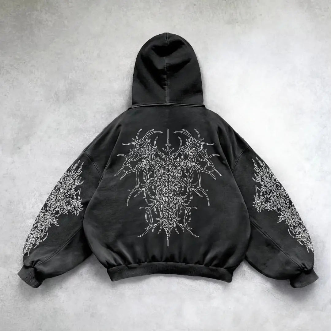Harajuku Y2K Vintage Punk enfärgad mönstrad hoodie för män, amerikansk gotisk mode-hoodie för par, avslappnad tröja