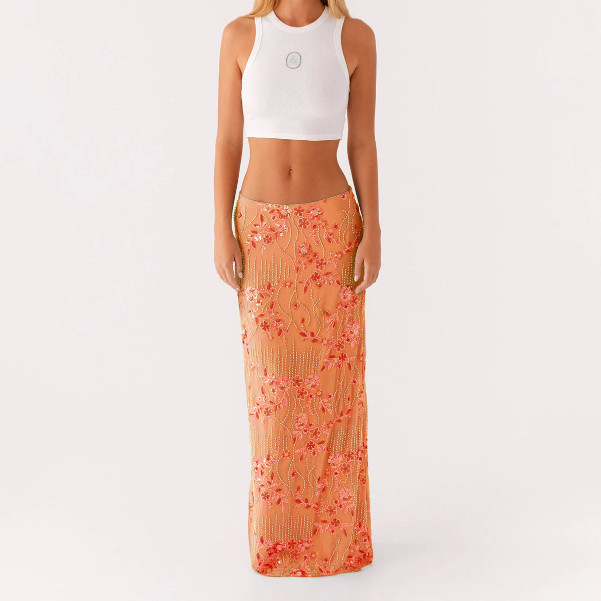 Women's Summer Sequin Beaded Floral Embroidered Maxi Skirt