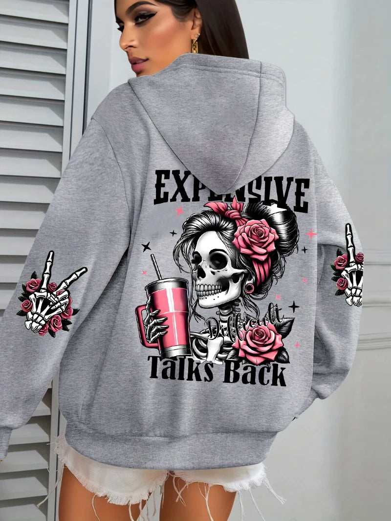 Damska bluza z kapturem z zabawnym nadrukiem „Expensive Talks Back”, luźny wielokolorowy sweter z polaru, jesienna odzież sportowa, bluza z kieszenią w stylu casual