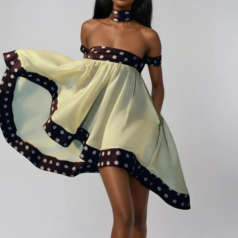 Combhasaki Women's Y2k Polka Dots Bubble Mini Dress with Choker Off Shoulder High Low Ruffle Hem Square Neck Flowy Swing Dresses