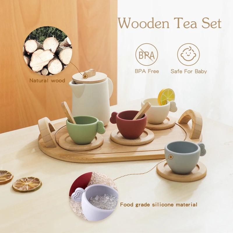 Wooden Montessori Toy Kitchen Set with Teapot and Teacup for Kids