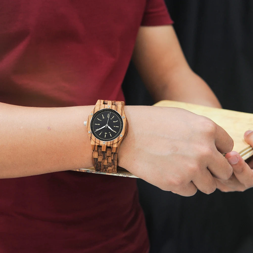 Reloj de madera para hombre en liquidación, logotipo con nombre personalizado, reloj de pulsera de cuarzo para hombre, correa de madera de cebra, reloj de moda personalizado para hombre, regalo