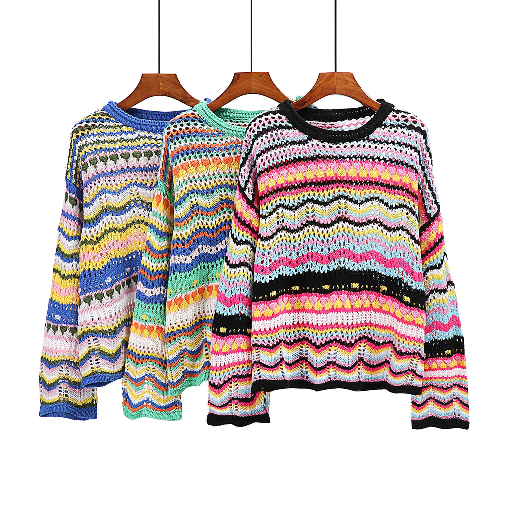 Meihuida Women's Loose Fit Sweater with Hollow Variegated Color and Long Flared