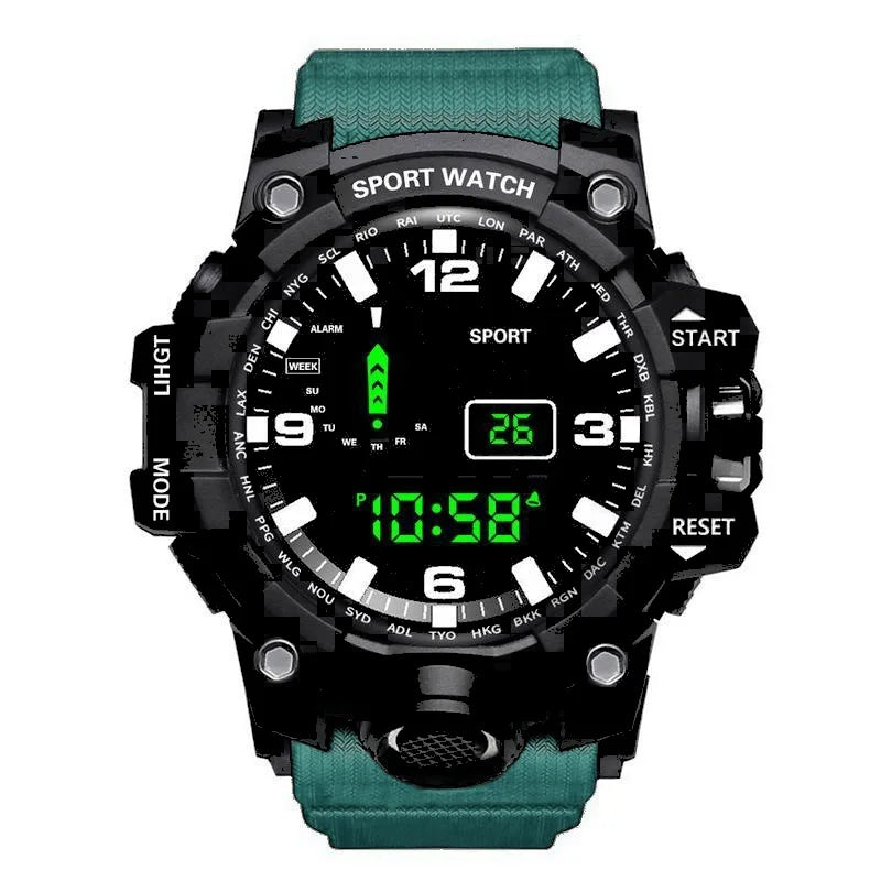 Reloj de pulsera electrónico deportivo de moda para hombre, reloj militar para niños con esfera grande multifuncional, impermeable y luminoso con alarma
